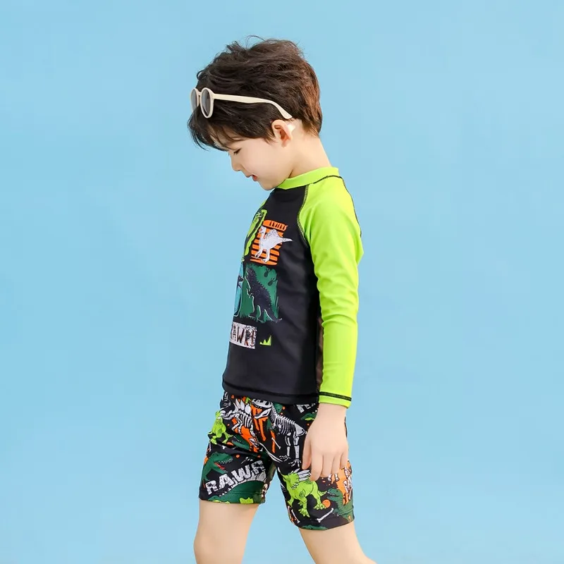 Children's Swimsuit Boys Split Long Sleeve Sunscreen Quick Drying Dinosaur Mid Older Boys Baby Warm Swimsuit 2-8T
