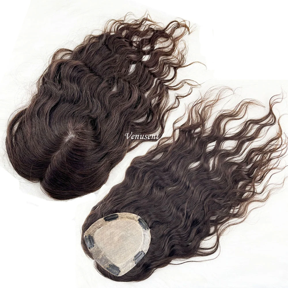 Dark Brown Silk Top Human Hair Topper with Clips In 12x13cm Virgin European Hair Piece Silk Base Wavy Toupee 2cm Pu for Women