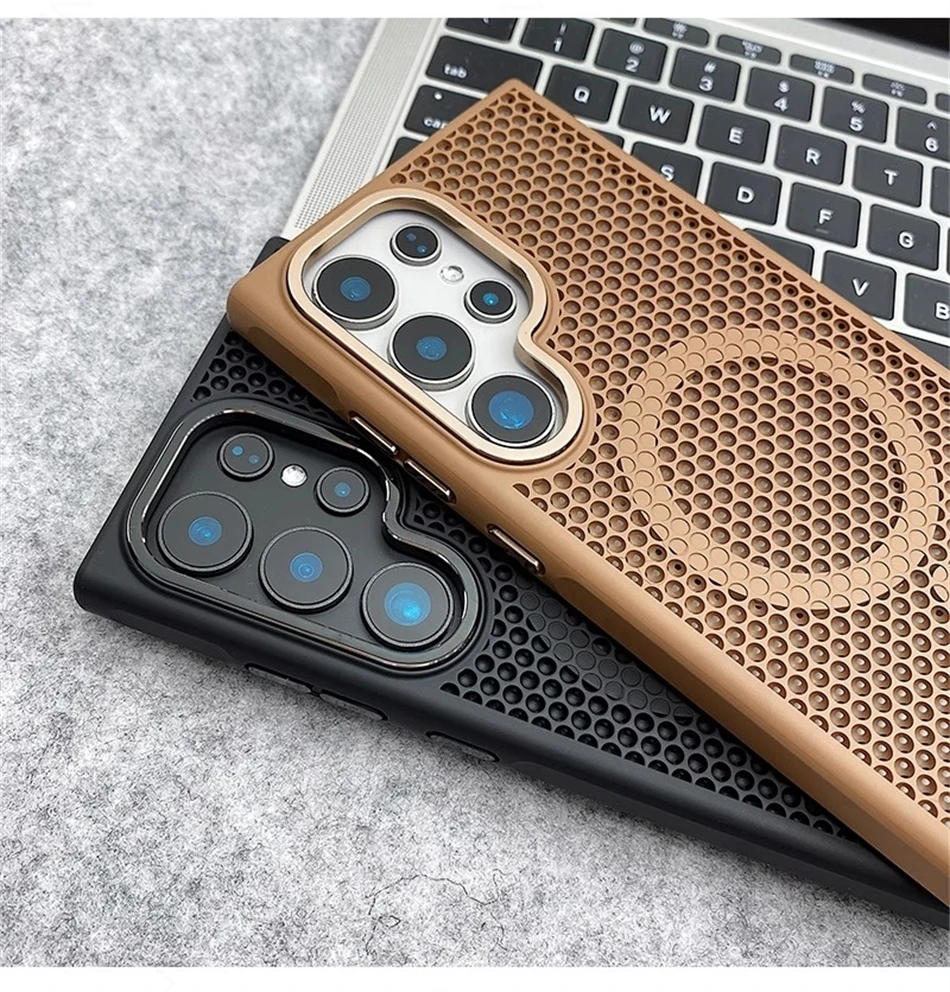 Griglia a nido d'ape Mesh di raffreddamento per custodia Magsafe per Samsung Galaxy S25 Ultra S24 S23 Plus Cover rigida con lente in lega mangetica smerigliata