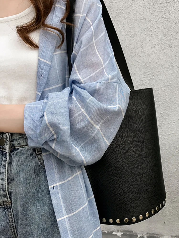 Women's Plaid Sun Protection Shirt Long Sleeve Thin Outerwear Spring Autumn Summer Midi Dress with Hat Car Coat Cardigan