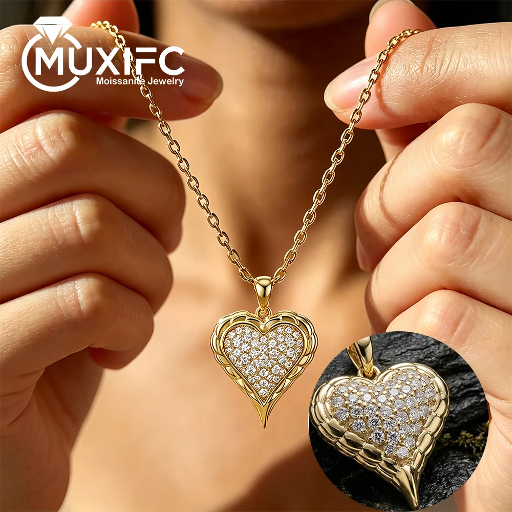 Certified Heart Full Moissanite Pendant Necklaces for Woman S925 Silver Plated 18k Gold Round Cut Lab Diamond Neckchain Jewelry