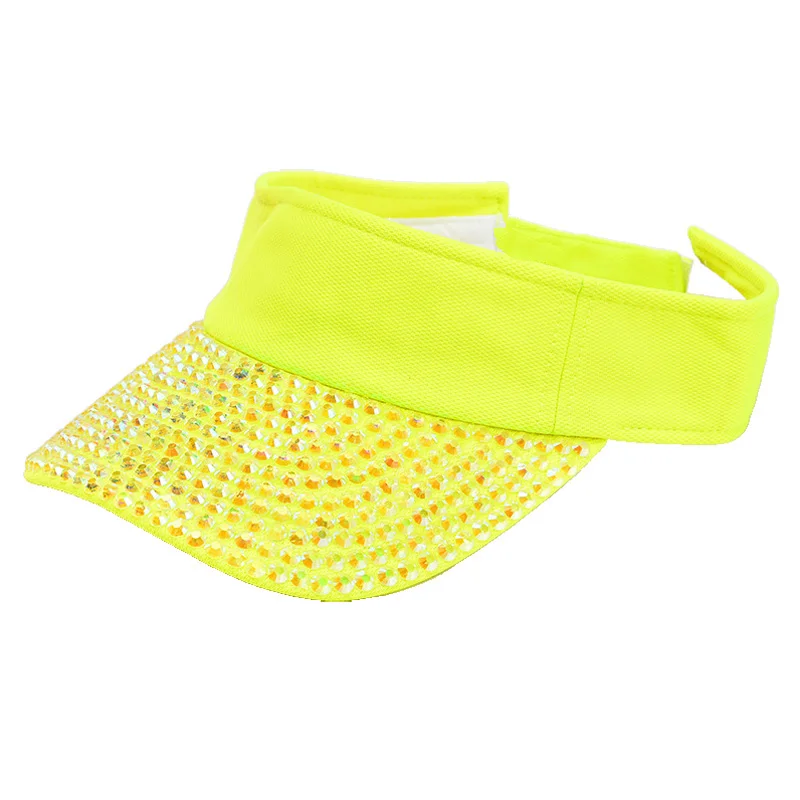 Shiny Rhinestone Neon Orange Sun Visor Cap for Women Summer Swimming Party Dance Team Visors Fluorescent Yellow Pink White Black