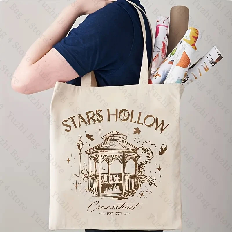 Stars Hollow Pattern Canvas Shopping Bag Portable Shoulder Bag for TV Drama Lover Trendy Large Capacity Tote Bag Trend