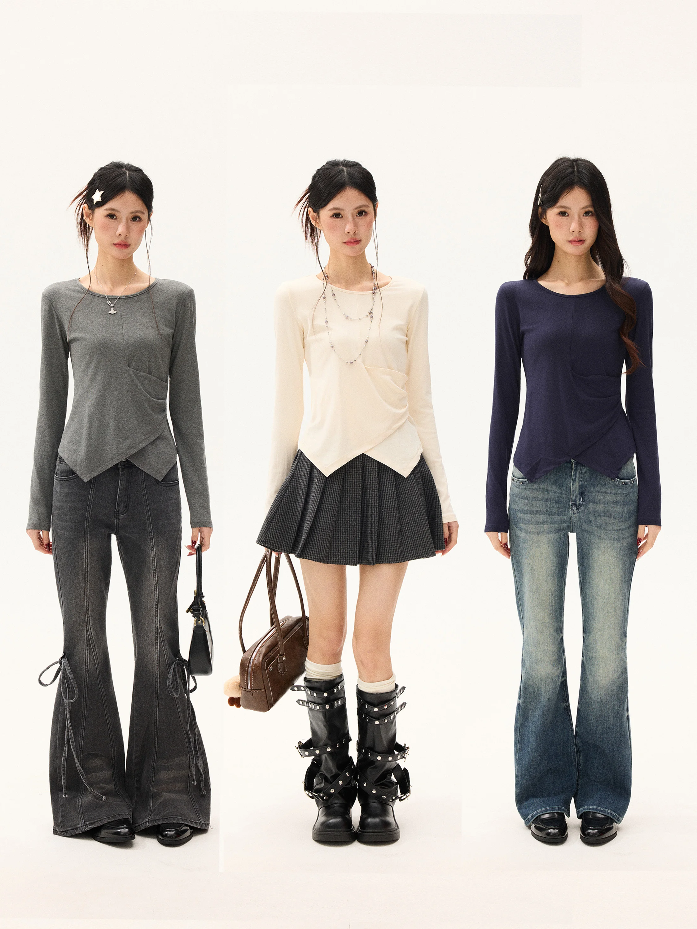 

Женская футболка Free Sonata Vintage Spicy Girl с асимметричным дизайном, подчеркивающая талию, с длинными рукавами, однотонная, приталенная, с круглым вырезом