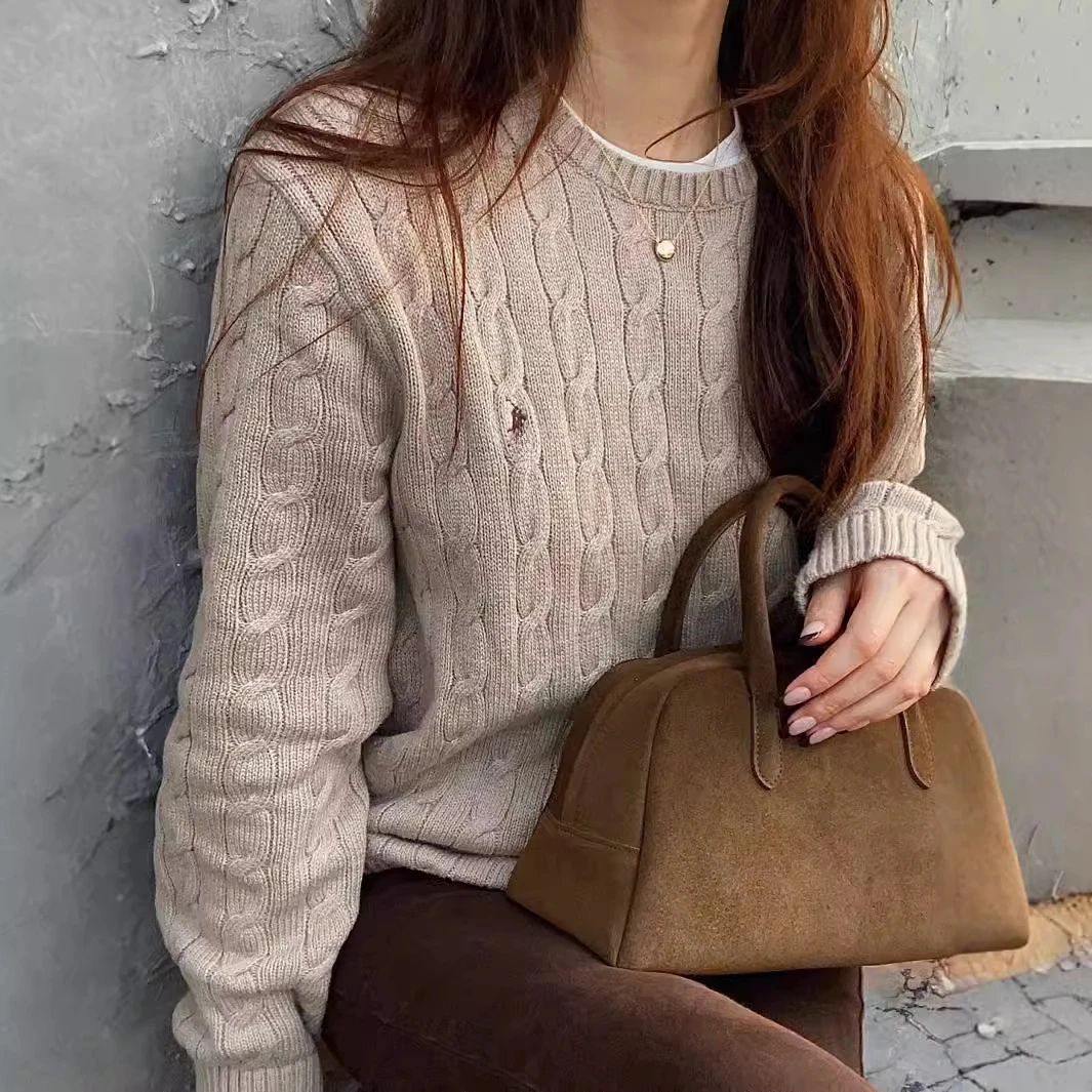 2025 Luxury Brand Women\'s Cotton Sweater Pony Embroidered Classic Crew Neck Knitted Sweater Long Sleeve Top