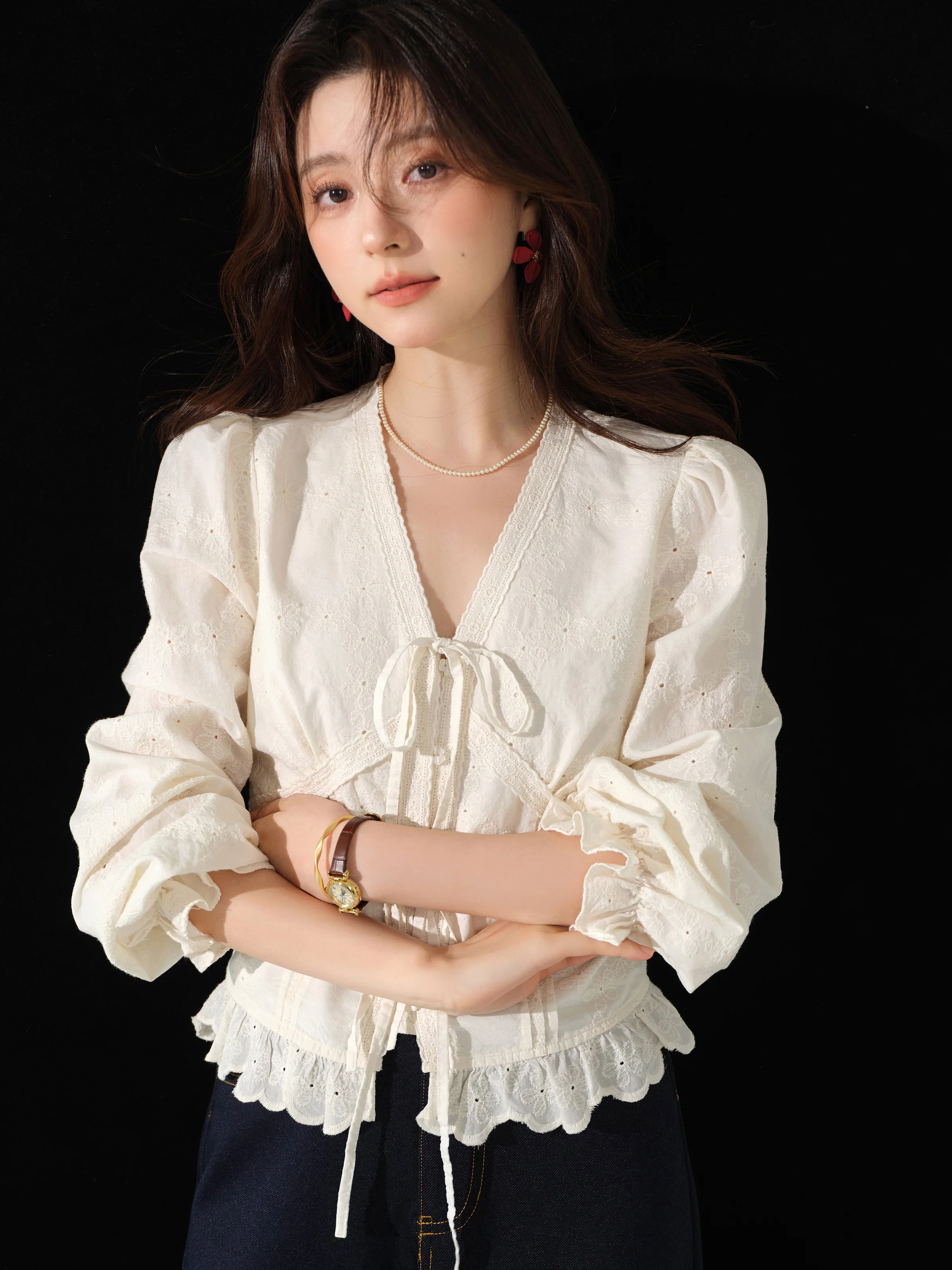 Vintage Elegant Cotton Blouse Women V Neck Embroidered Ruffle Shirt Hollow Out Top with Long Sleeves and Feminine Retro Design