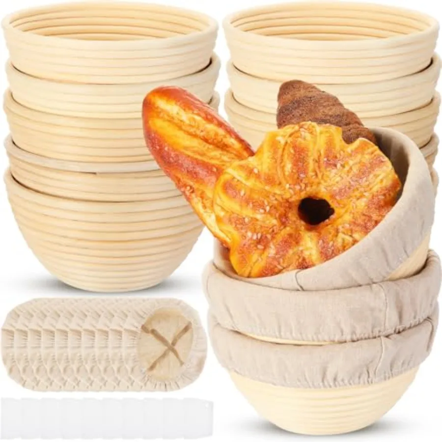 

10 Pcs Bread Banneton Proofing Basket Round Dough Sourdough Proofing Basket Rattan Bakery Baking Bread Bowl with Liner and Scra