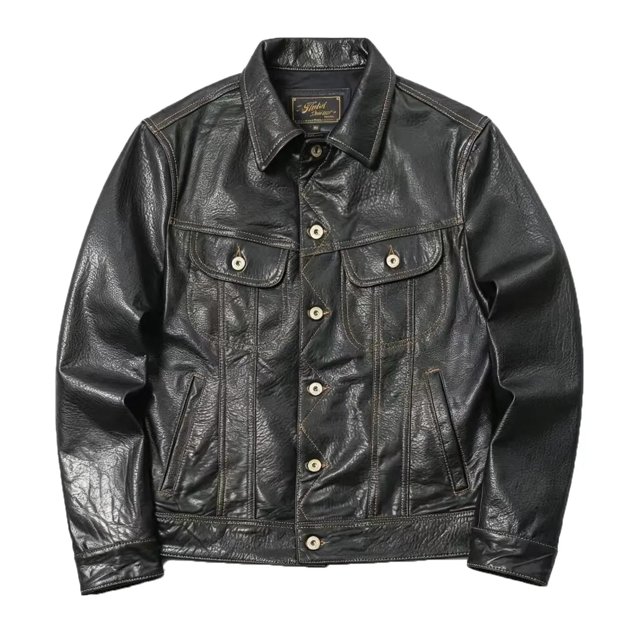 Men's Genuine Goatskin Leather Trucker Jacket Black Type III Style Button Front Contrast Stitching Western Denim Cut Work Coat