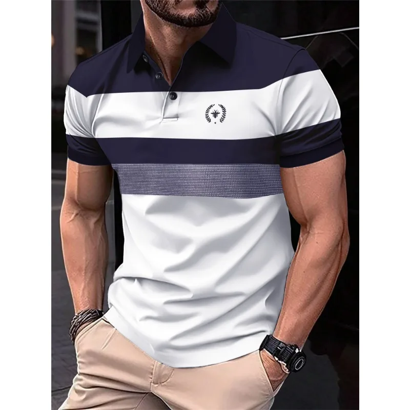 

New Men's Black and White Spaced Horizontal Stripes Lapel T-shirt Fashion Breathable POLO Comfortable Short-sleeved Shirt