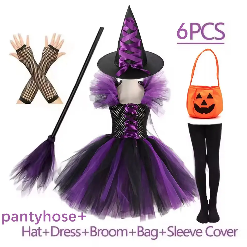 Halloween Purple Witch Girl Costume Tutu Dress Carnival Dress Up Party with Hat Vampire Cosplay Dress 2-10Y