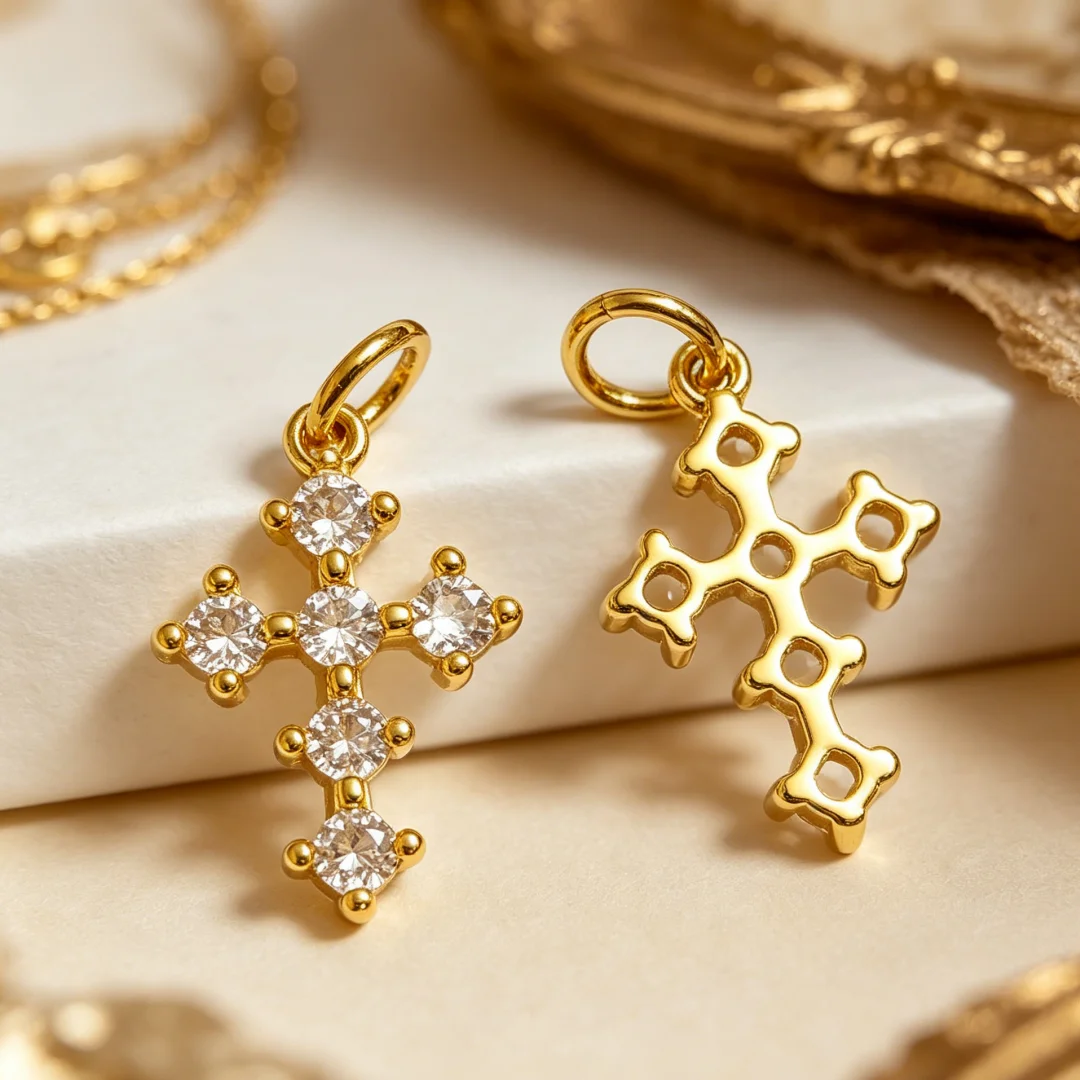 

3Pcs Pendants Brass Color Zircon Charms DIY Jewelry Making Accessories for Necklace Bracelet Candy Cross Conch Fish Round Design