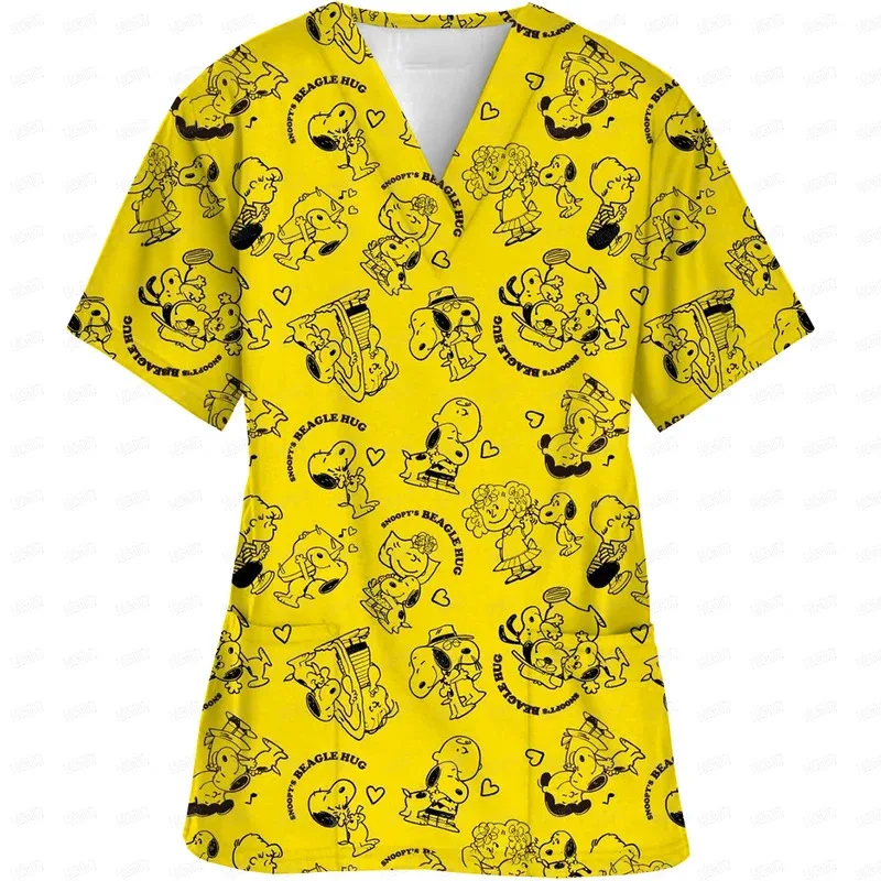 Cartoon Snoopy Printed Short Sleeve Surgical Gowns Tops Nurses' Uniforms V Neck Clinical Uniform For Woman Nursing Uniform