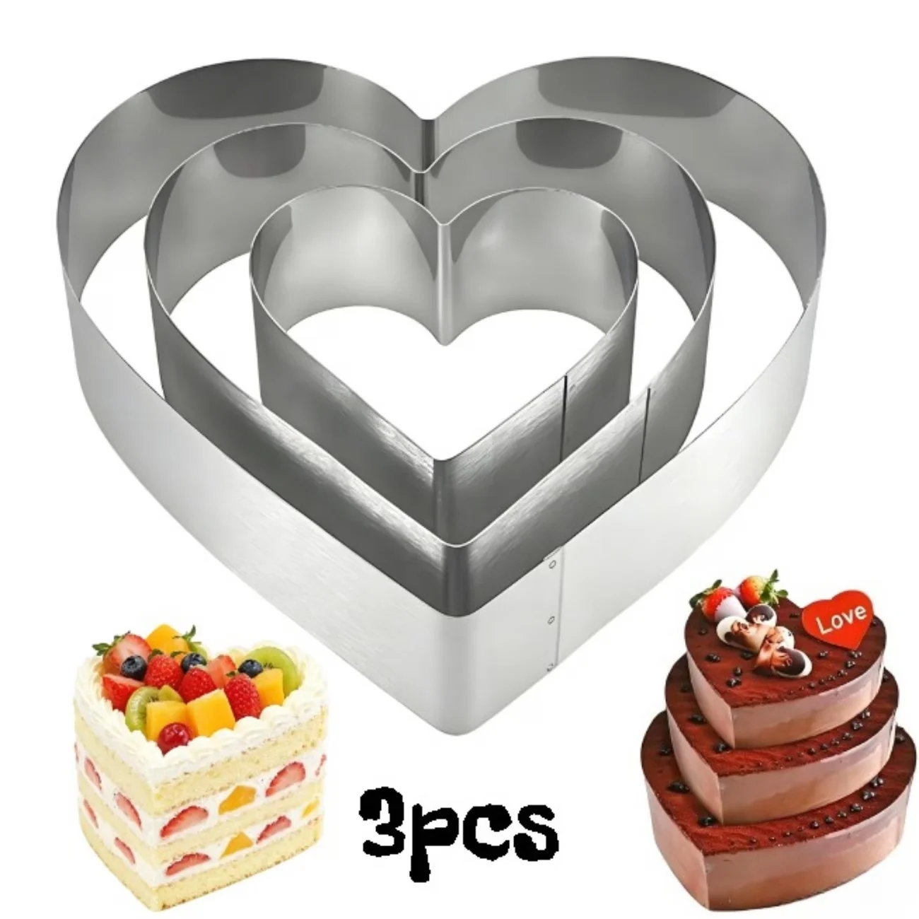 3Pcs Stainless Steel Square Tart Ring Set 10/15/20cm DIY Heart Mousse Cake Baking Rings Baking Tools Love Shape Dessert Mould
