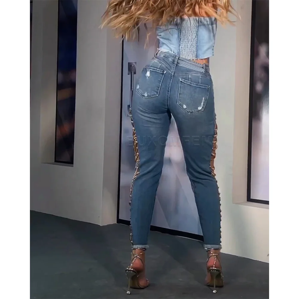 2024 Moda elegante Nuovi jeans a vita alta Catene individuali retrò uniche Gamba dritta Avvolgere i fianchi Pantaloni casual quotidiani per le donne