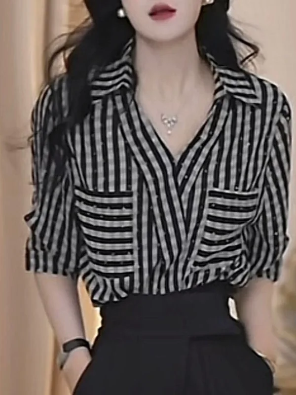 

Casual Striped Shirt Women's Short Sleeve V-Neck Versatile Top Fashionable Summer New Arrival Korean Style Commute Wind