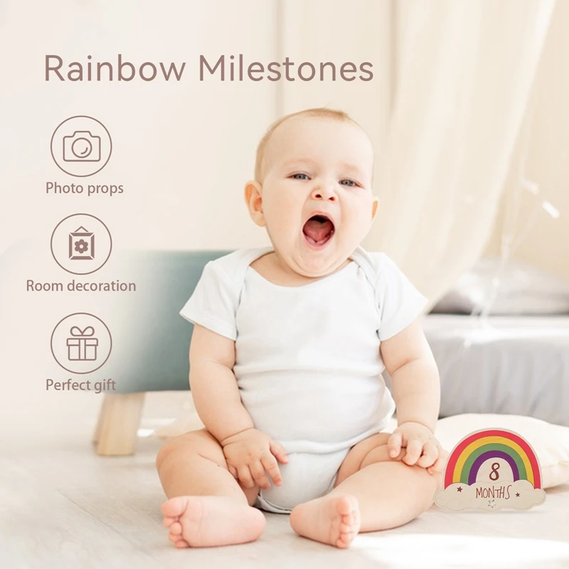 13PCS Wooden Baby Month Milestone Card Rainbow Shape Photography 1-12 Month Cards Birthday Gift Souvenir Photo Accessories