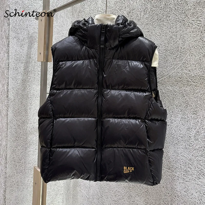 Schinteon Women White Duck Down Vest with Hood Casual Over Size Autumn Winter Warm Loose Thick Bright Black Sleeveless Jacket