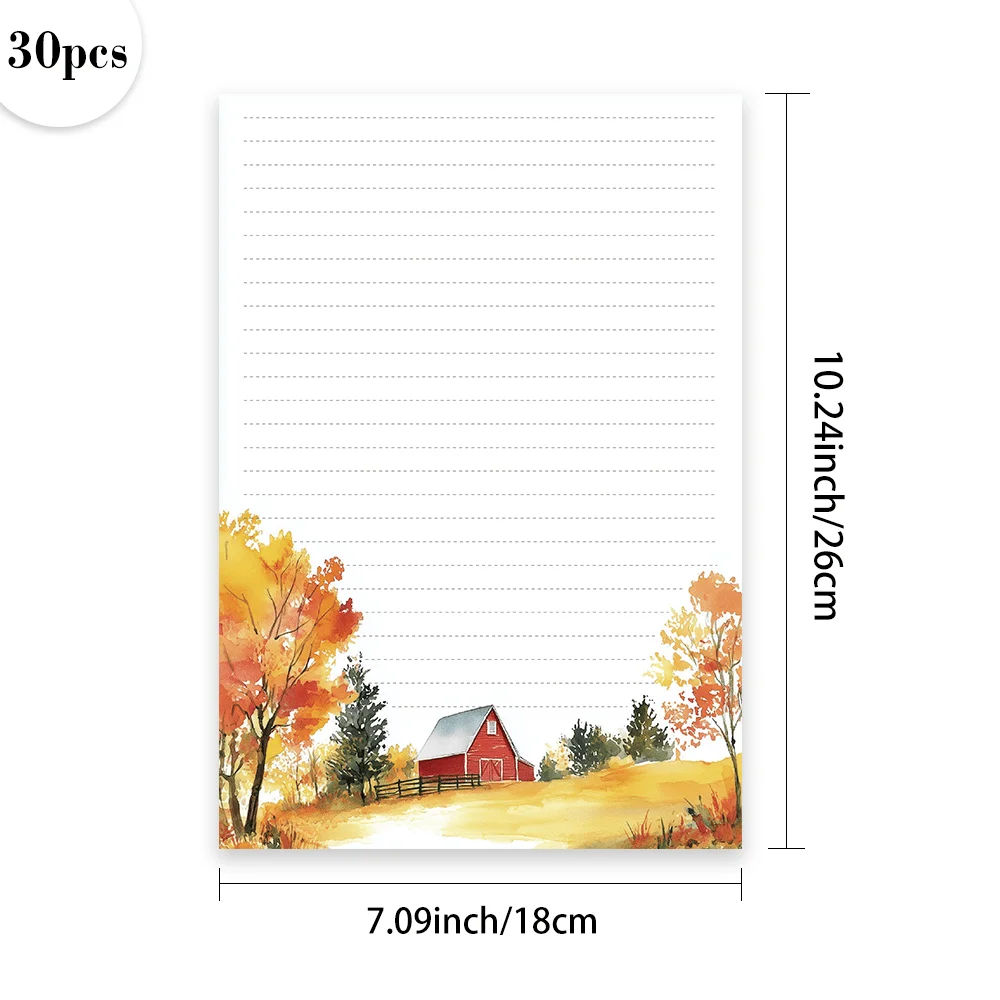 30 Sheets, B5 Watercolor Autumn Farm-themed Writing Paper, Lined, No Glue, Perfect For Notebooks, Memos, And Stickers