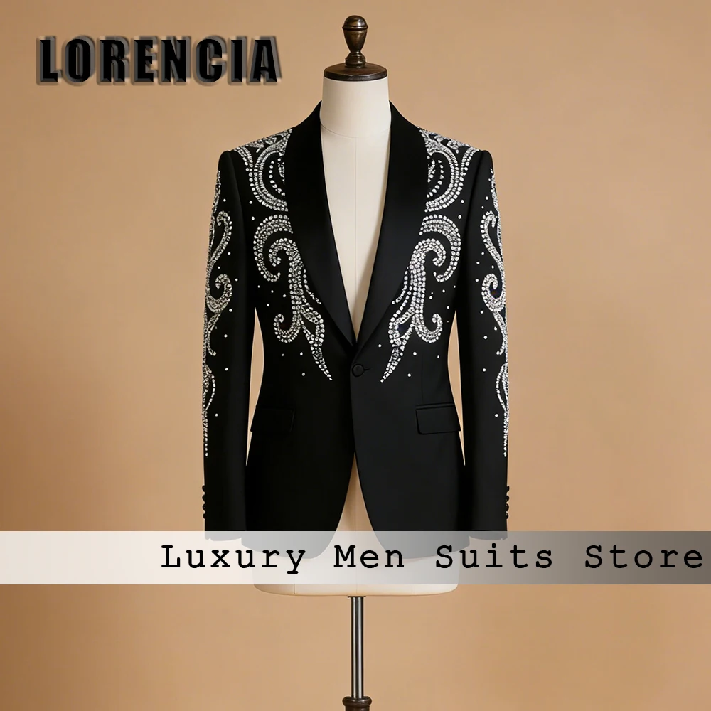 

Luxury Crystal Male Suits 2 Pcs Shawl Collar Tuxedos Set Wedding Party Outfit Customized Blazer Pants terno smoking masculino