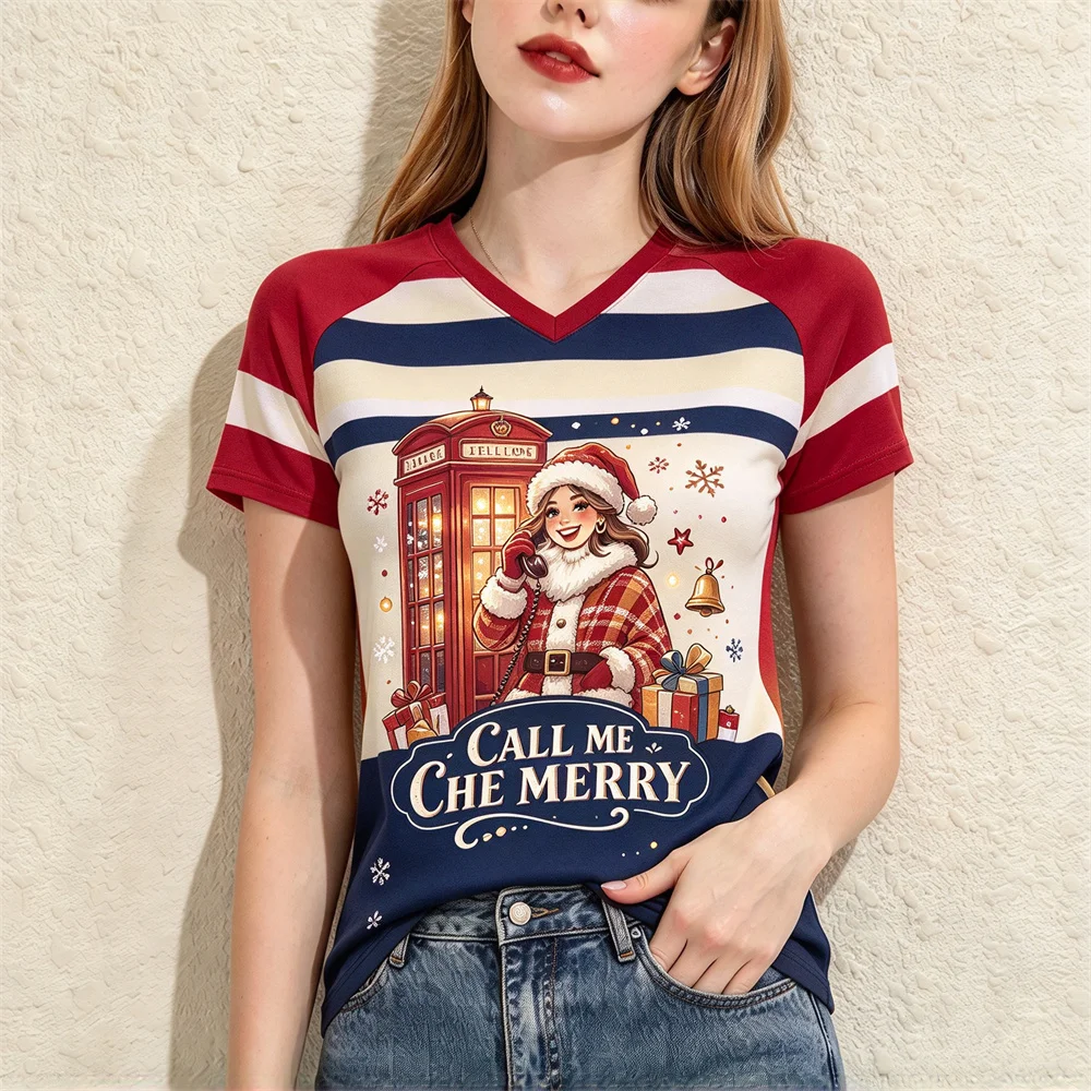 Women's Xmas Raglan T-shirt Retro Christmas Women T-shirt Print V-neck Short Sleeve Plaid Stitching Tops Holiday Gift For Ladies