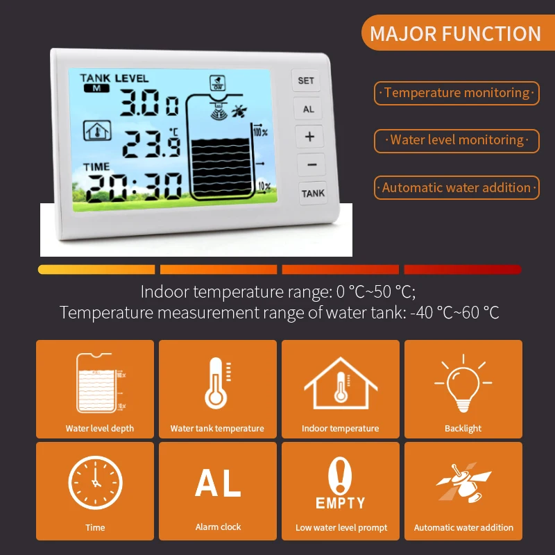 Digital Ultrasonic Level Gauge Water Liquid Tank Depth Temperature Monitor Solar Powered Container Control Alarm Clock -40℃~60℃