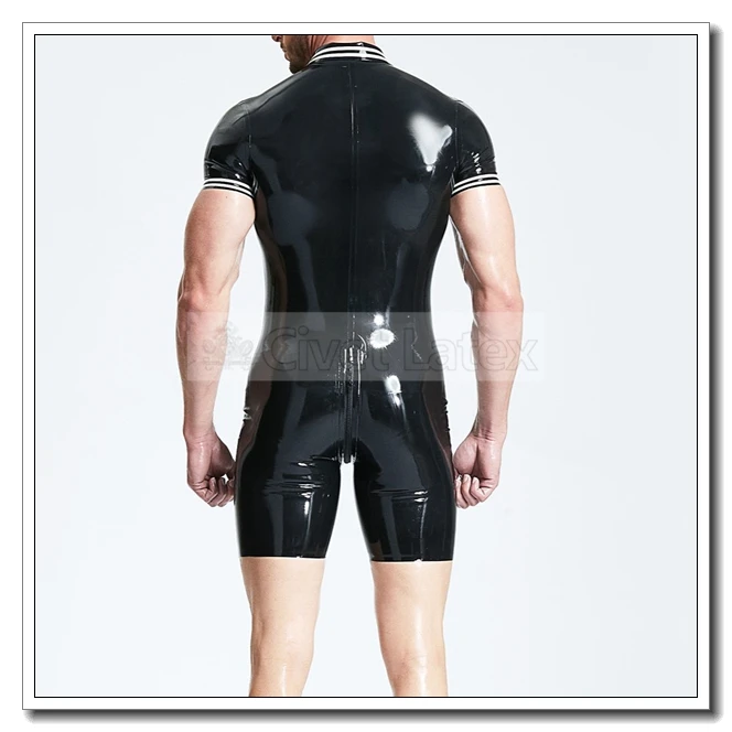 Civet Latex Leotard for Men Short Sleeves Polo Style Front 3 Way Zip Customied 0.4mm K7