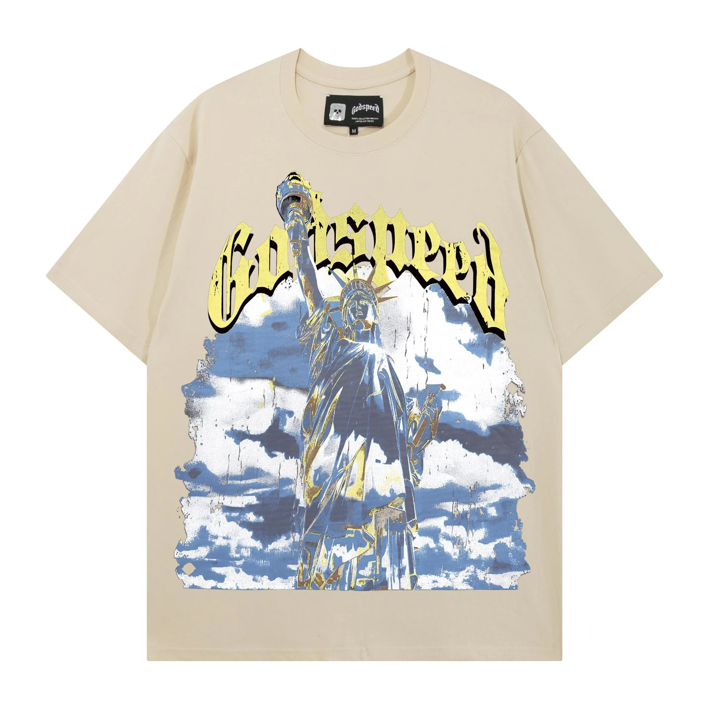 American Style Godspeed Trendy Brand Freedom Statue Print High Street Hip Hop Rock Retro Loose Pure Cotton Short Sleeve T-Shirt