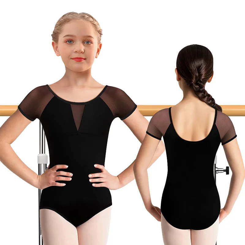 Girls Mesh Short Sleeve Ballet Dance Leotards for kids Gymnastics Dance Tops with V-shape Mesh Front and Soft Lining Dancewear