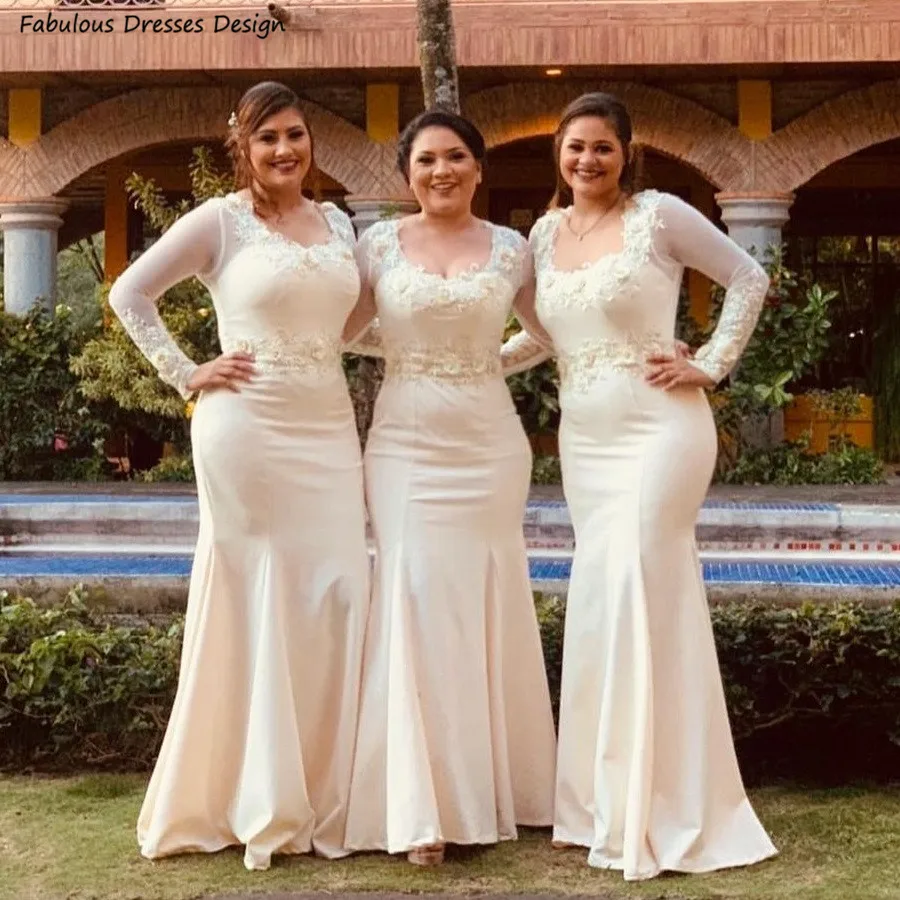 

Applique Lace Long Sleeve Bridesmaid Dresses Ivory Long Mermaid Formal Wedding Guest Dress Party For Women Maid Of Honor