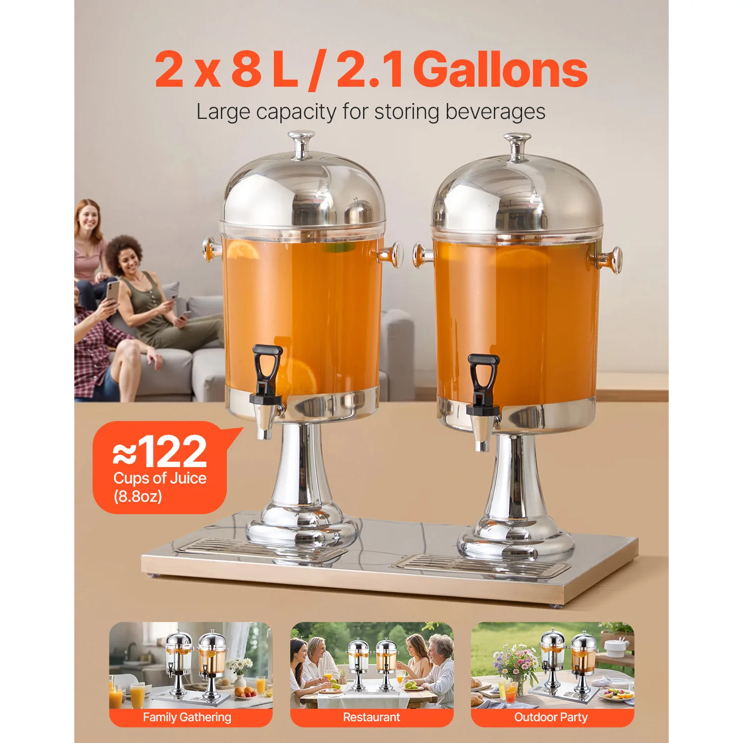 SucceBuy Beverage Dispenser 2.1 Gallon x2 Drink Dispenser Stainless Steel + Plastic with Spigot Chamber Tray for Restaurants