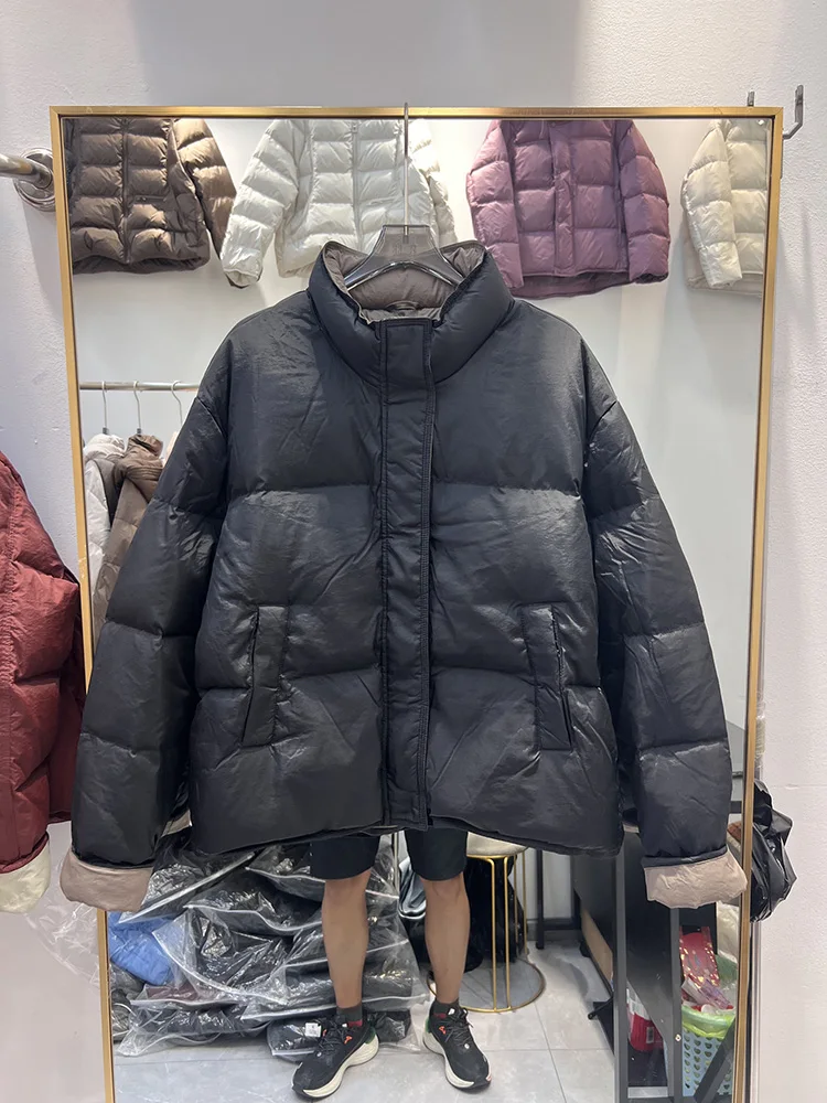 Women's Korean version contrast color fashion design loose white duck down jacket 2025 winter new short style down jacket
