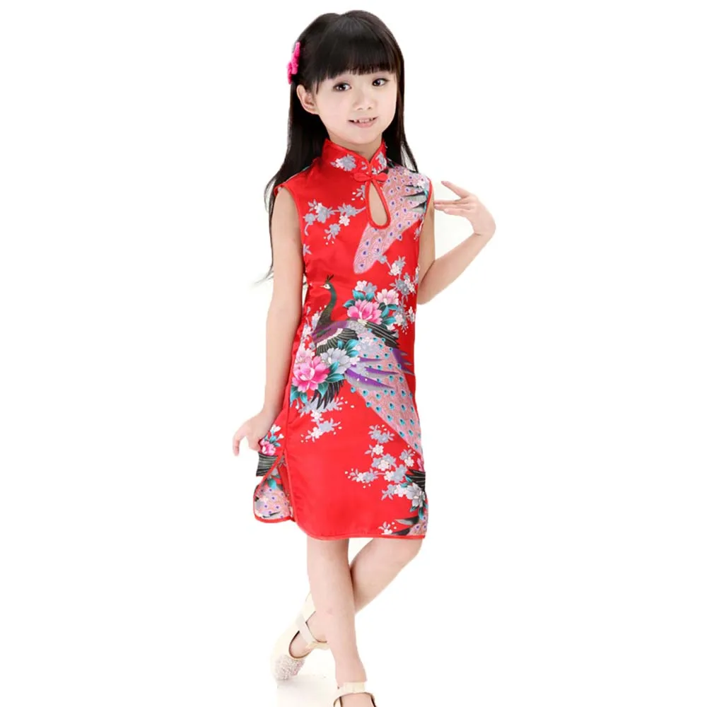 

Sweet Kids Girls Sleeveless Chinese Style Qipao Traditional Dress Cheongsam Dress Child Dresses Summer Clothes