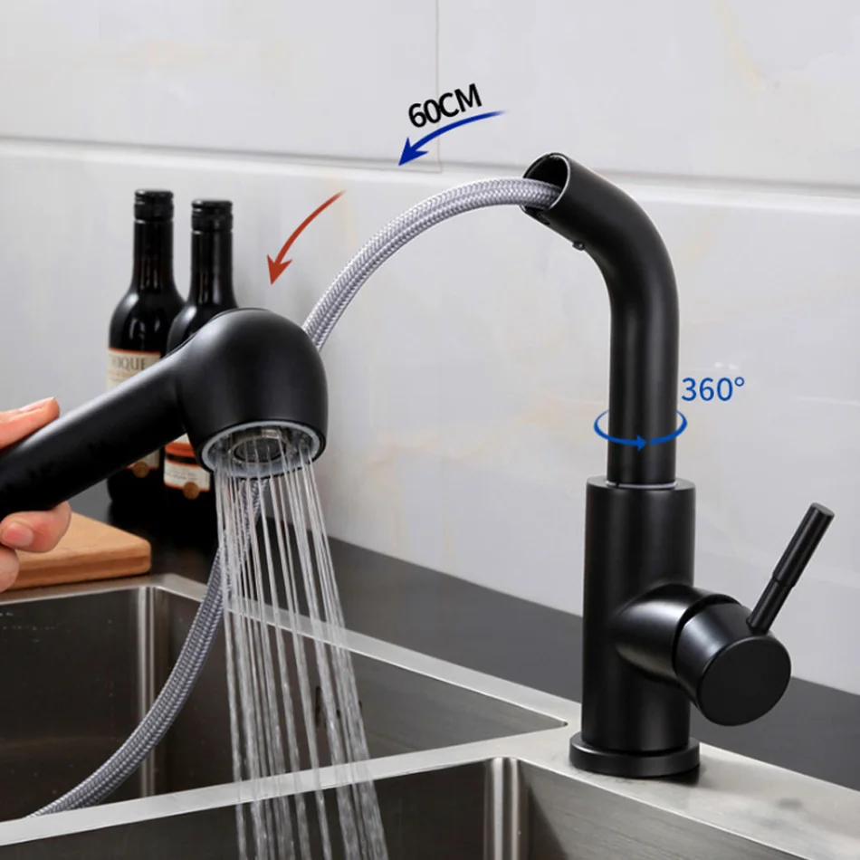 Pull Out Kitchen Faucet Black 304 Stainless Steel Deck Mounted Flexible Stream Sprayer Head Mixer Hot and Cold Water Sink Tap