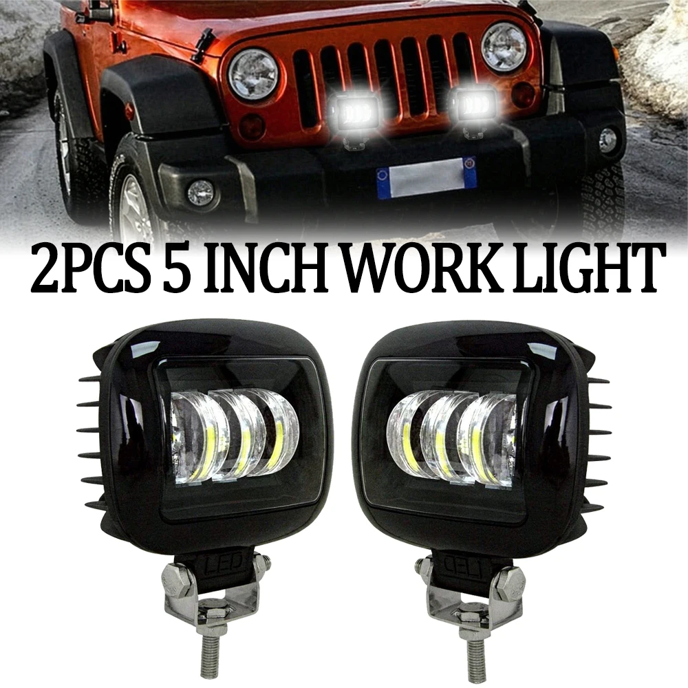 Lightweight Square Light 2PCS 5 INCH Super Bright Flood Light Driving Light Offroad Work Light 6000K White Beam IP67 For 4WD UTV ATV Boat