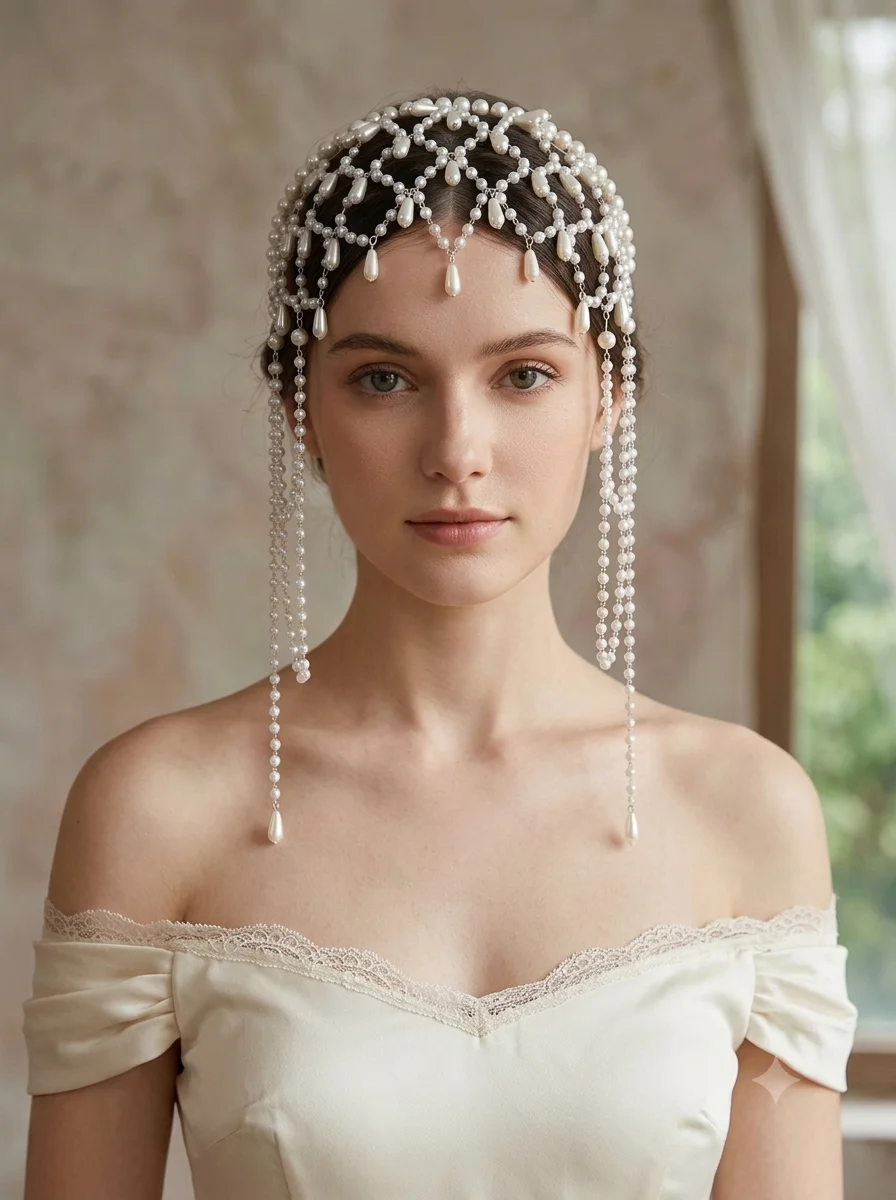 Multi Layer Teardrop Pearl Tassel Bridal Headband Long Hanging Pearl Chain Wedding Headpiece Bride Photoshoot Hair Accessories