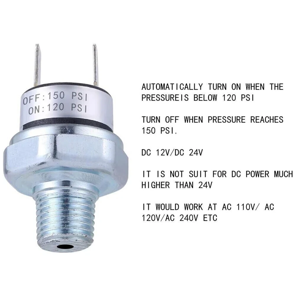 

Комплект из 2-х датчиков давления для пневматических систем, 120 PSI (включение) / 150 PSI (выключение), резьба 1/4 дюйма 18 NPT, для компрессора и пневмоподвески