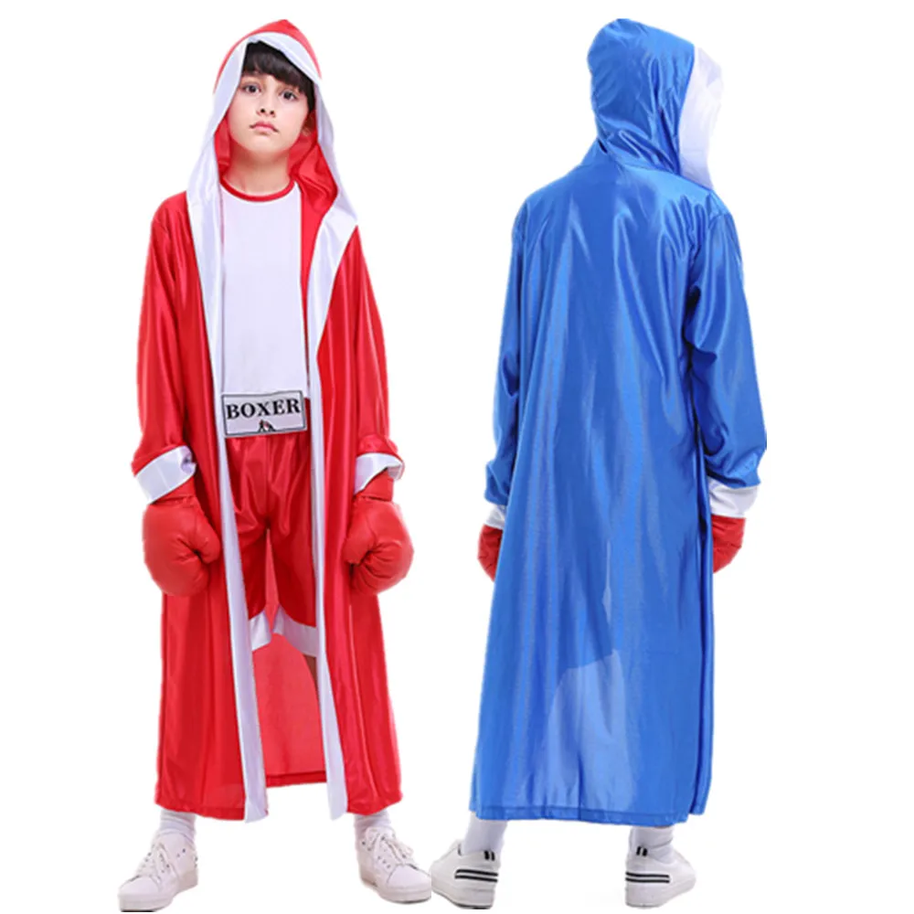 

Children Boxer Cosplay Uniform Boys Halloween Carnival Party Kids tracksuit Red and Blue Jumpsuit & Robe Boxing Match Costume