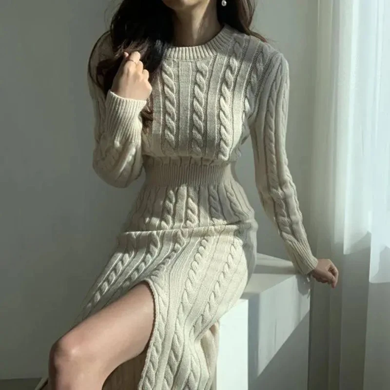 Korean Chic Double Sided Wear Knit Dress Women Autumn Sexy Slits Slim A Line Dress Y2K Streetwear O Neck All Match Midi Dress