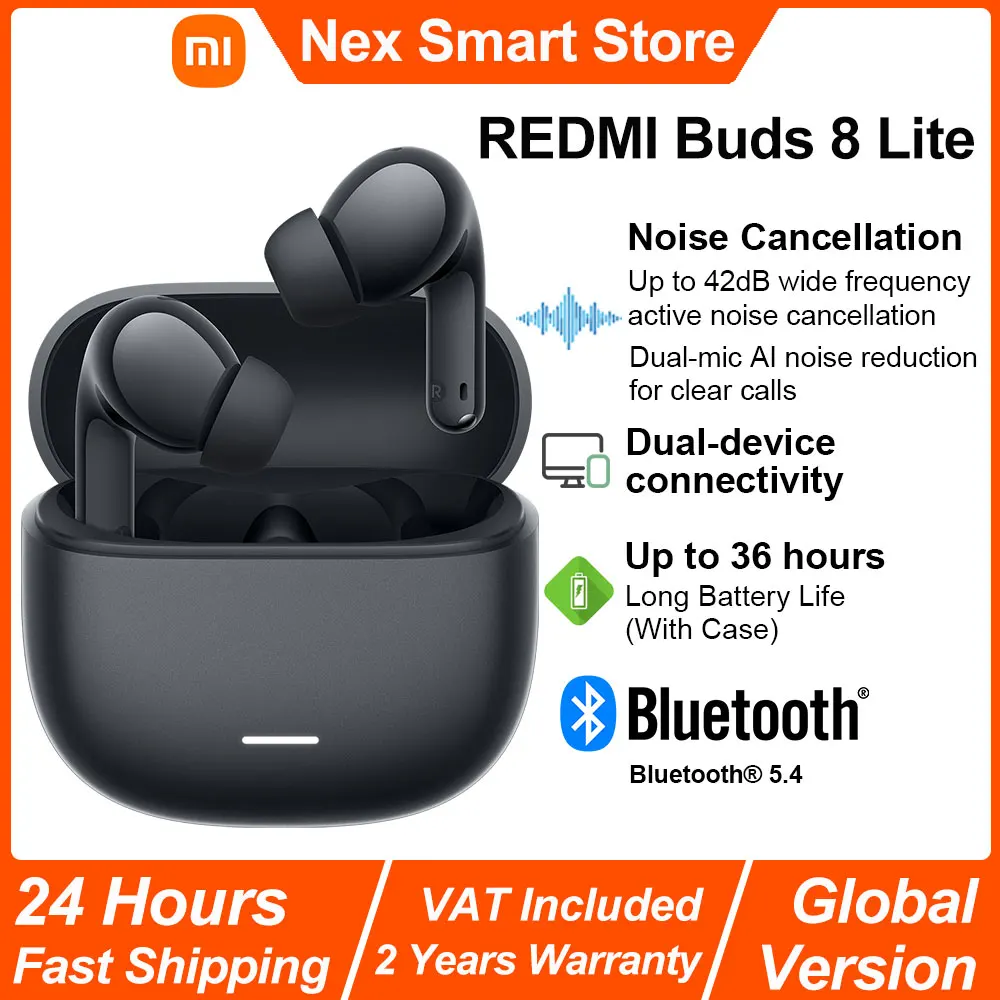 Nouveaux écouteurs sans fil Bluetooth Xiaomi REDMI Buds 8 Lite, réduction de bruit ANC 42 dB, transducteur 12,4 mm, BT5.4, jusqu'à 36 heures d'autonomie, réduction de bruit IA à double microphone