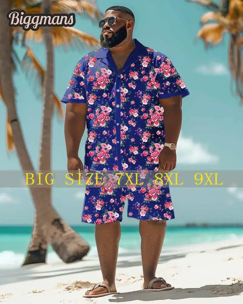 

Biggmans Shirt Plus Size Set L-9Xl for Summer Oversize Hawaii Suit Men's Gradient Coconut Tree Print Large 7XL 8XL