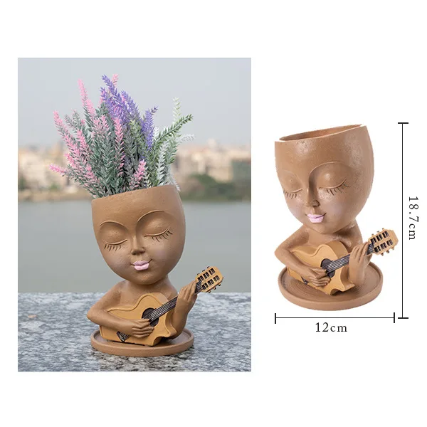 Girl's Face New Small Guitar, Cello, Saxophone Flower Pot Series Novelty Personalized Resin Crafts Ornaments Office Decorations