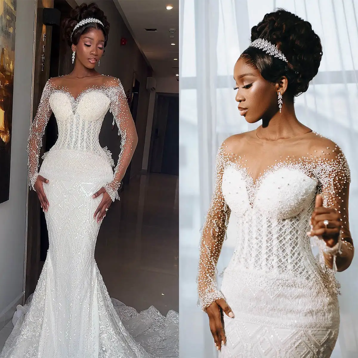 Robe de Mariée Sirène Classique à Paillettes Perlées, Col Rond, Manches sulf, en Tulle, avec Traîne de Balayage, sur Mesure