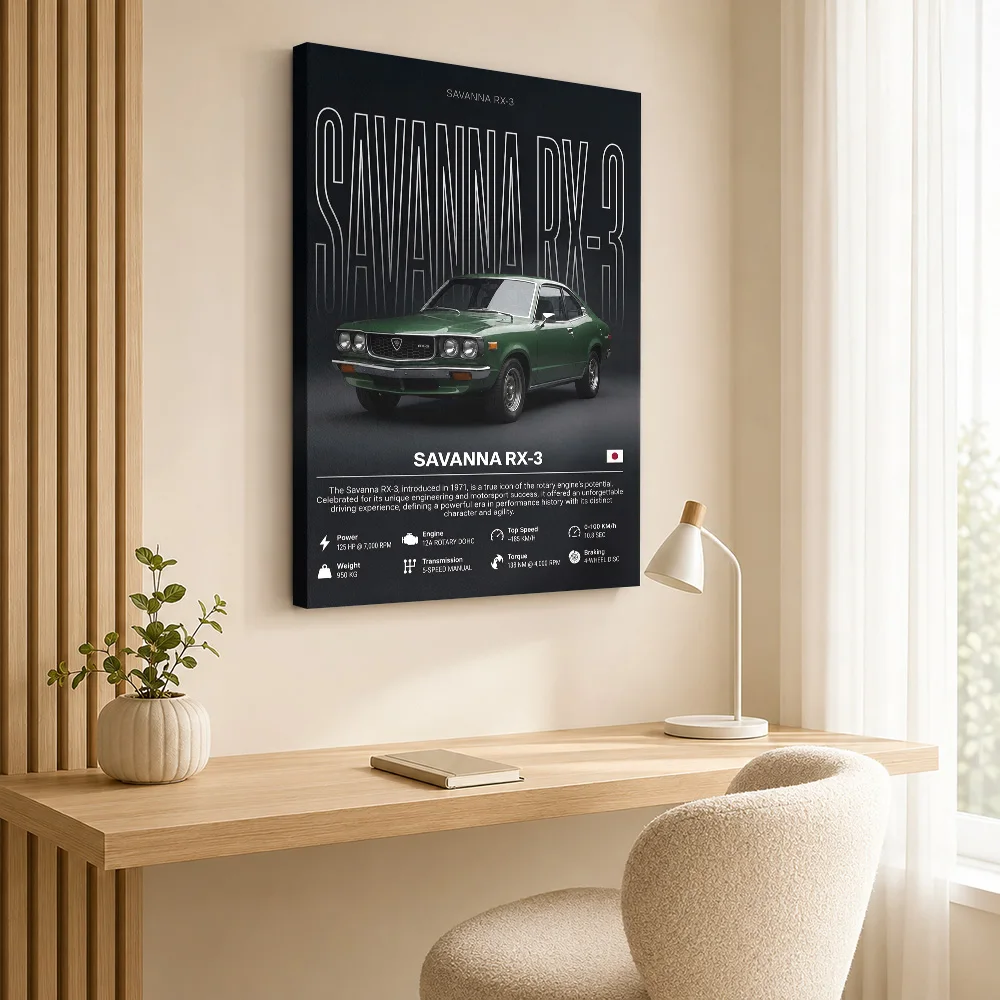 Japanese Savanna RX-3 Car Canvas Poster Personalized Photo Large Lettering With Technical Data Wall Art For Auto Shop Reception