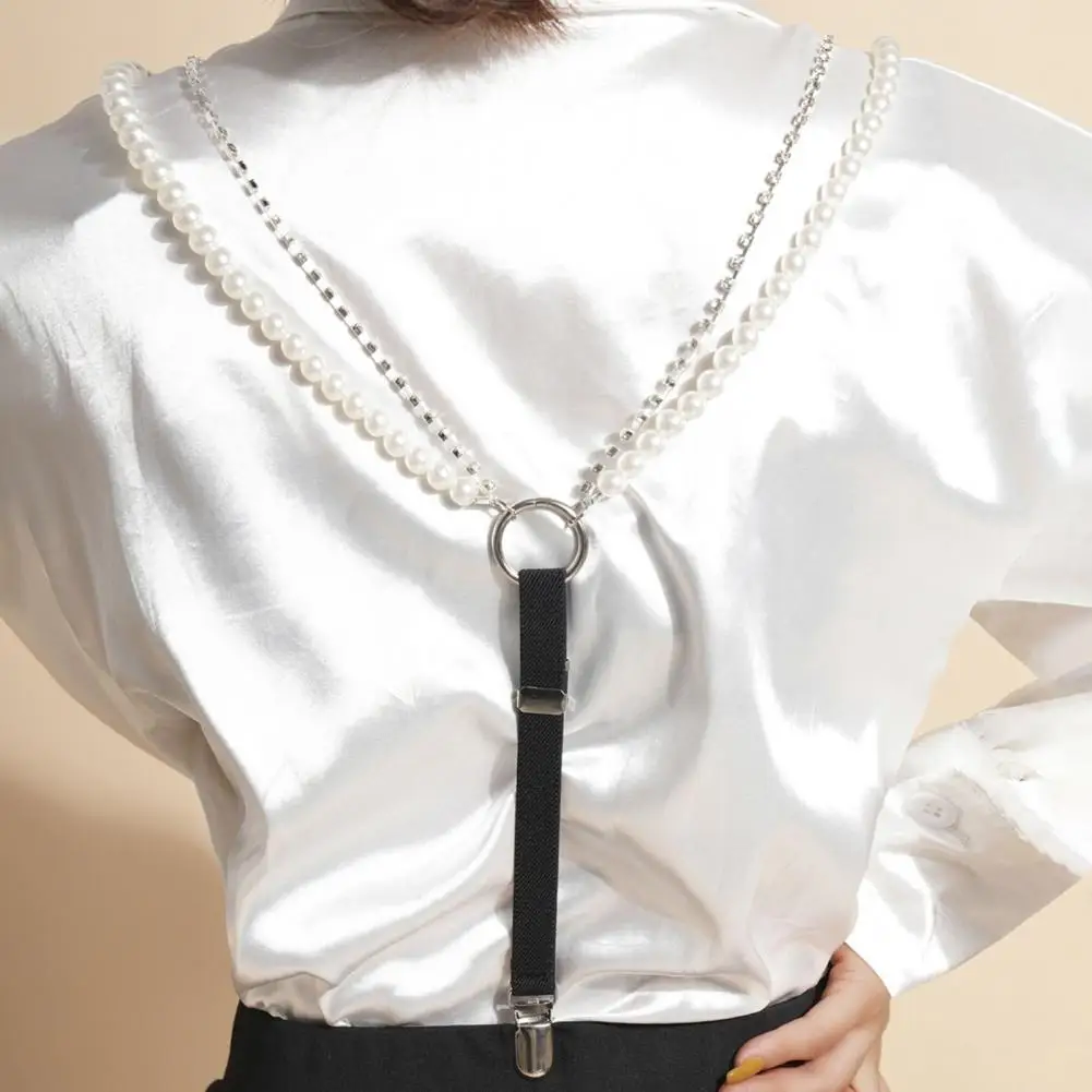 Pearl Chain Suspenders Belts for Women Faux Leather Rhinestone Shirt Decoration Back Strap Clothes Strap Chain Jewelry 멜빵