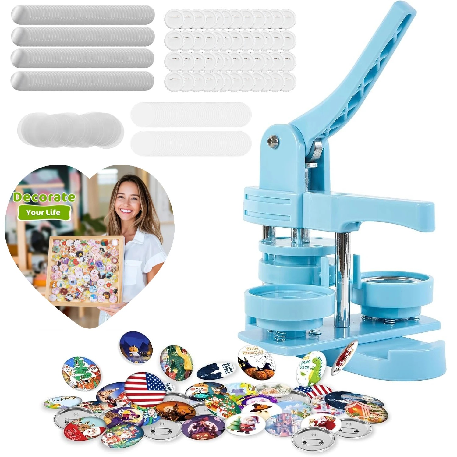 44mm Button Maker Machine Kit - Easy & Safe to Operate, DIY Creative Accessories, 100 Sets of Button Supplies Included, Blue Ver