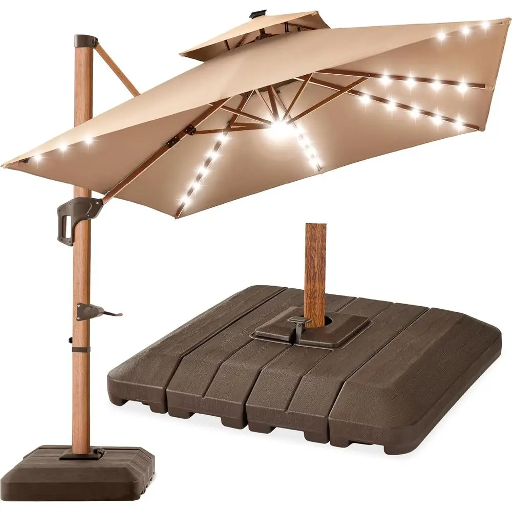 

10ft Wooden-Style Cantilever Patio Umbrella with LED Lights, Rotating Base, and Hanging Shade - Tan