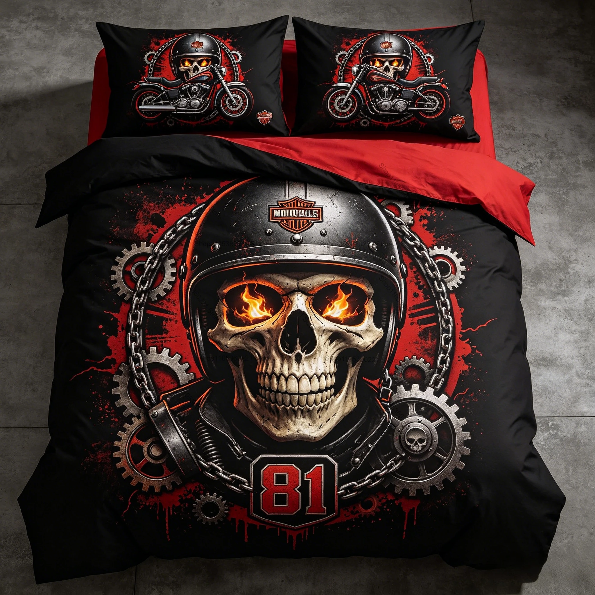 Cool 81 Motorcycle Skull Bedding Duvet Cover + 2 Pillowcases Vintage Motorbike Skeleton Bed Cover Set