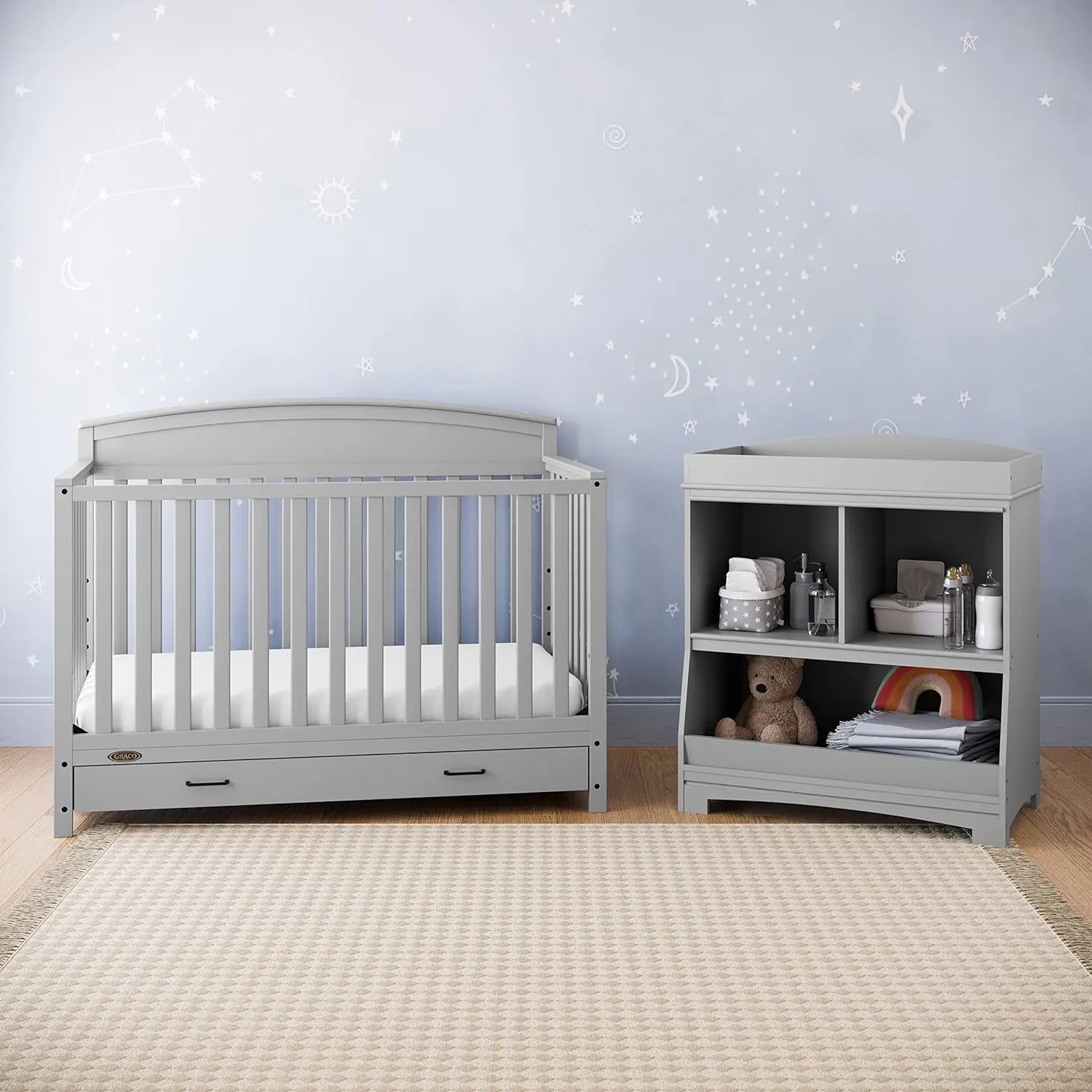 5-in-1 Convertible Crib with Drawer (Pebble Gray) -Converts from Baby Crib to Toddler Bed, Daybed Full-Size Adjustable Mattress