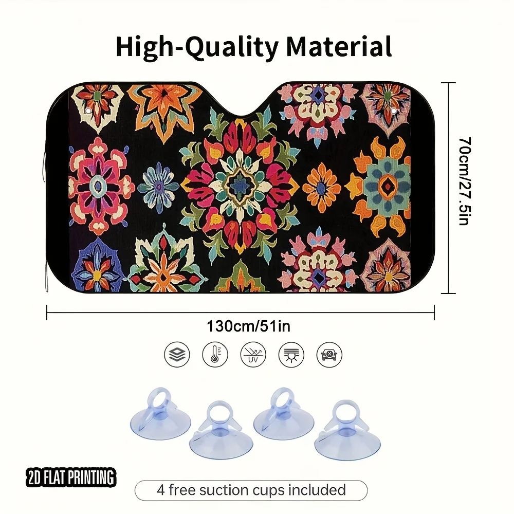 1pc Christmas Car Sunshade With Colorful Floral Design - Fit, 4 Suction Cups, Foldable For Storage, Keeps Car Cool - Perfect Gif