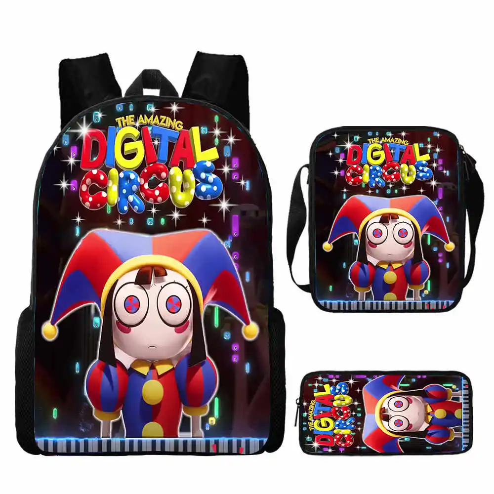 Set da 3 pezzi incredibili borse da circo digitali con borsa a tracolla borsa a matita, zaino da scuola personalizzato per ragazza Cartoon Anime Game borse per bambini